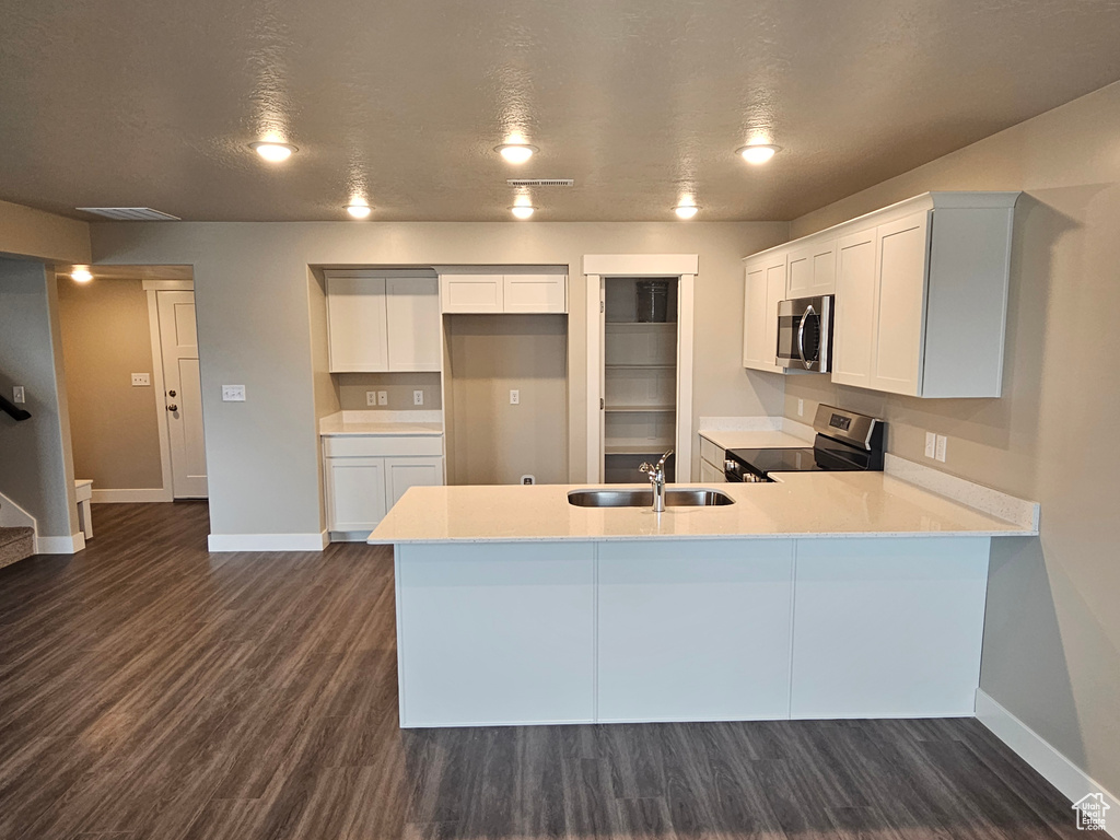 Kitchen with sink, dark hardwood / wood-style floors, kitchen peninsula, stainless steel appliances, and white cabinets