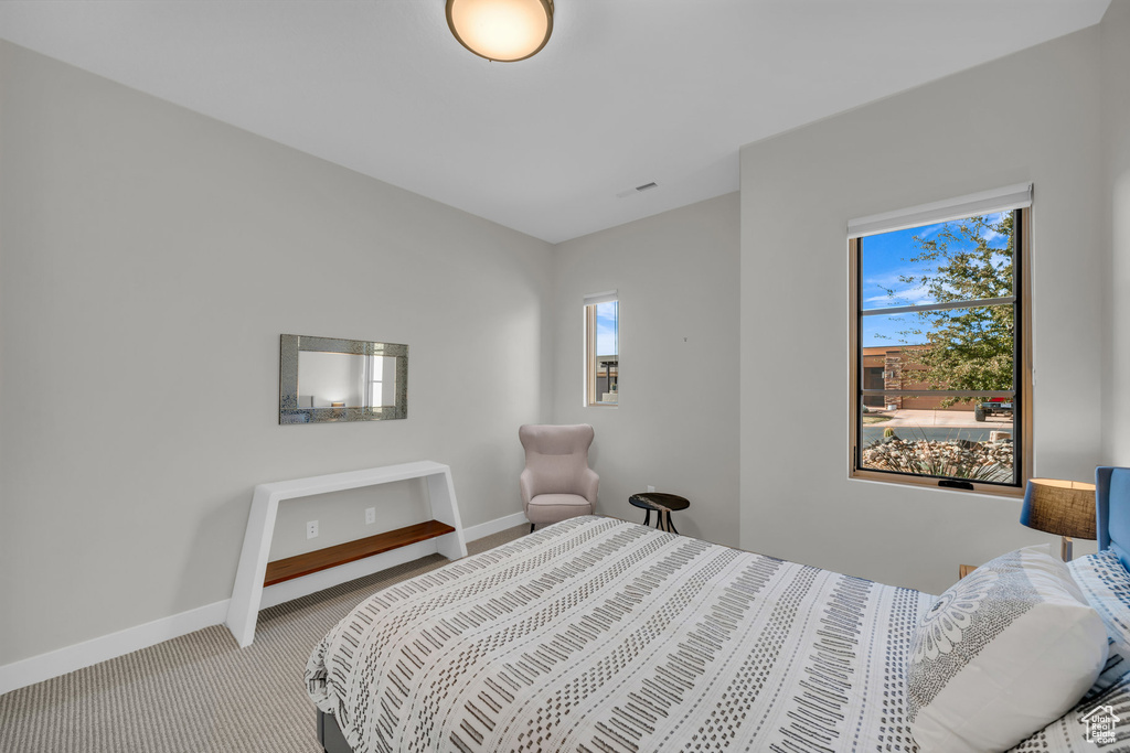 Bedroom with light colored carpet