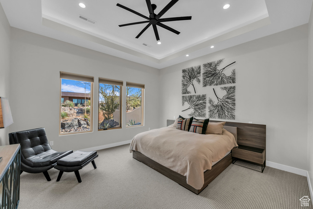Carpeted bedroom featuring a tray ceiling