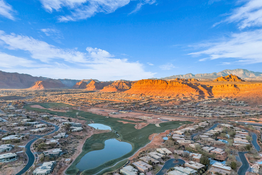 Bird's eye view featuring a water and mountain view