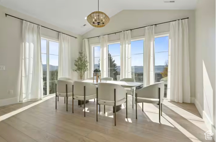 Dining room with vaulted ceiling, a chandelier, wood finished floors, and baseboards