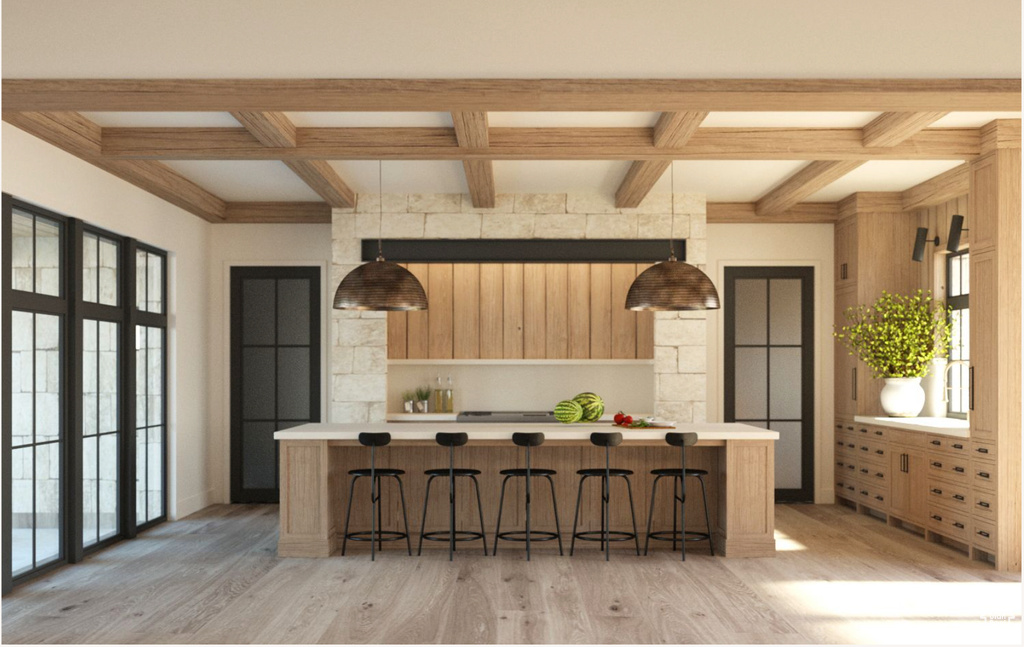 Kitchen featuring coffered ceiling, a kitchen breakfast bar, light brown cabinetry, and light hardwood / wood-style flooring