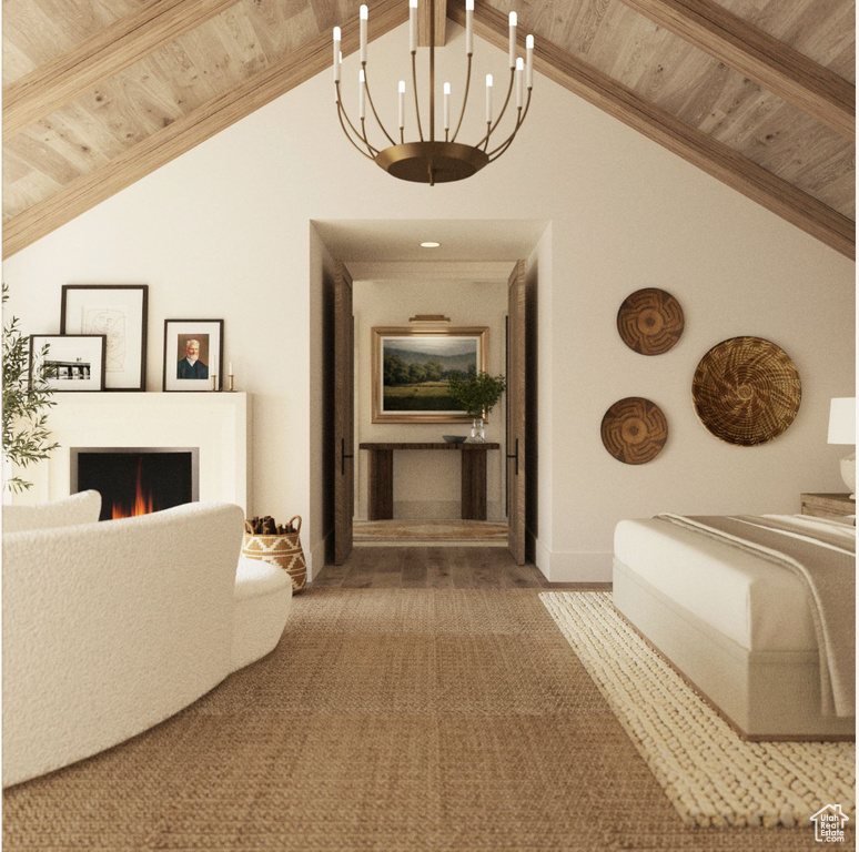 Hallway with wood ceiling, an inviting chandelier, high vaulted ceiling, carpet, and beamed ceiling