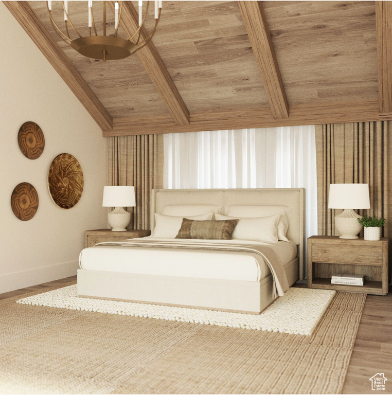 Bedroom featuring hardwood / wood-style flooring, vaulted ceiling with beams, a chandelier, and wooden ceiling