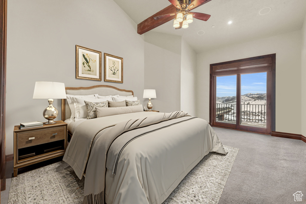 Bedroom with access to exterior, light colored carpet, and ceiling fan