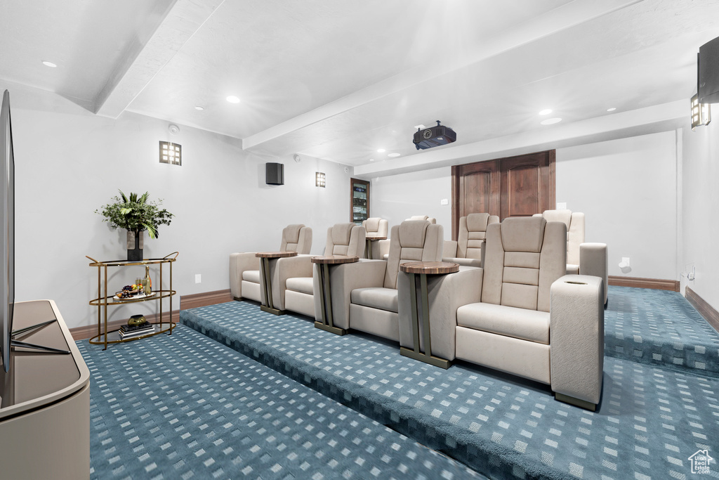 Cinema featuring carpet, recessed lighting, and beamed ceiling