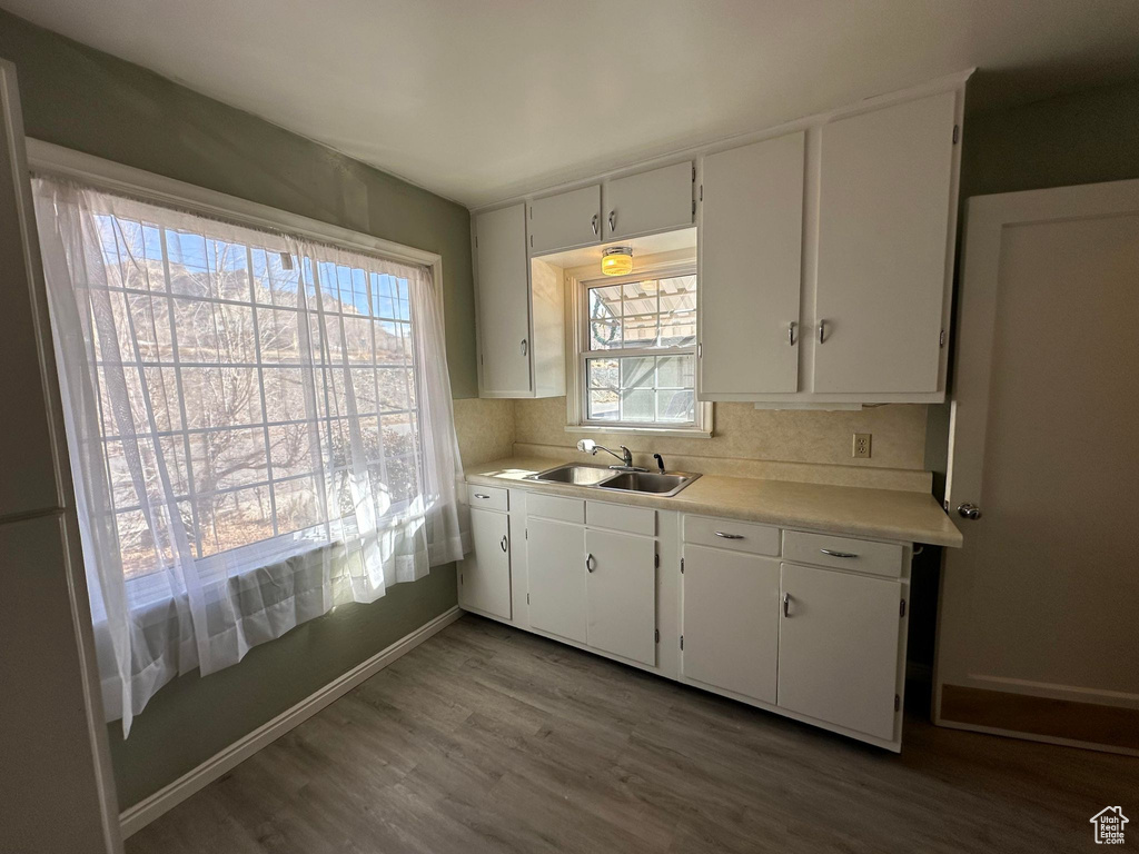 Kitchen with white cabinetry, sink, decorative backsplash, and wood-type flooring