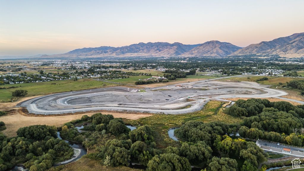 Aerial view at dusk with a mountain view