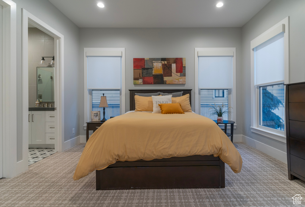 Carpeted bedroom featuring connected bathroom