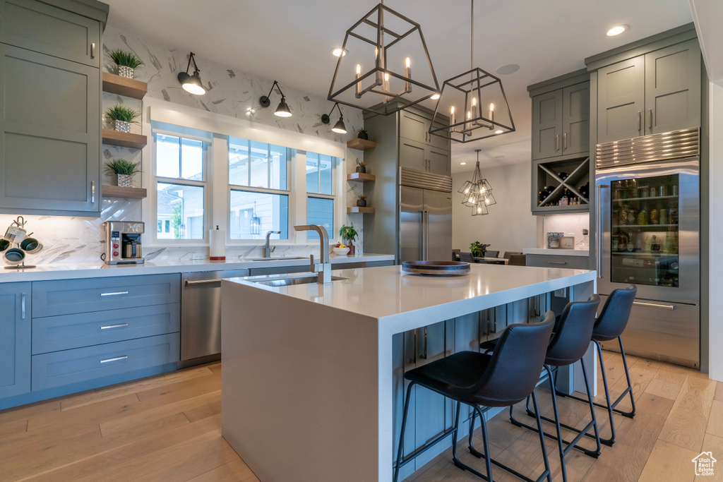 Kitchen with a kitchen bar, a center island with sink, light hardwood / wood-style flooring, appliances with stainless steel finishes, and pendant lighting