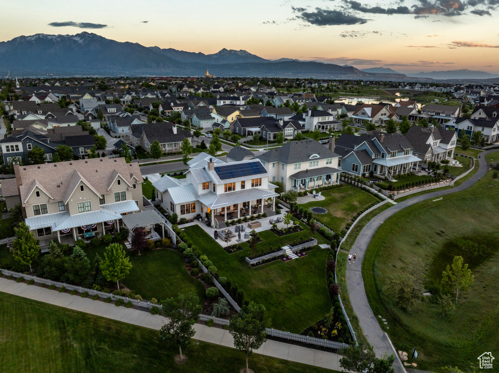 Aerial view at dusk with a mountain view