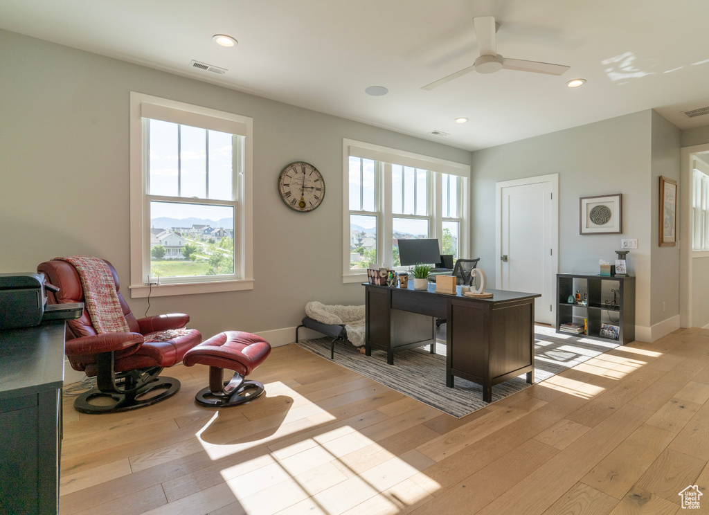 Office featuring light hardwood / wood-style floors and ceiling fan