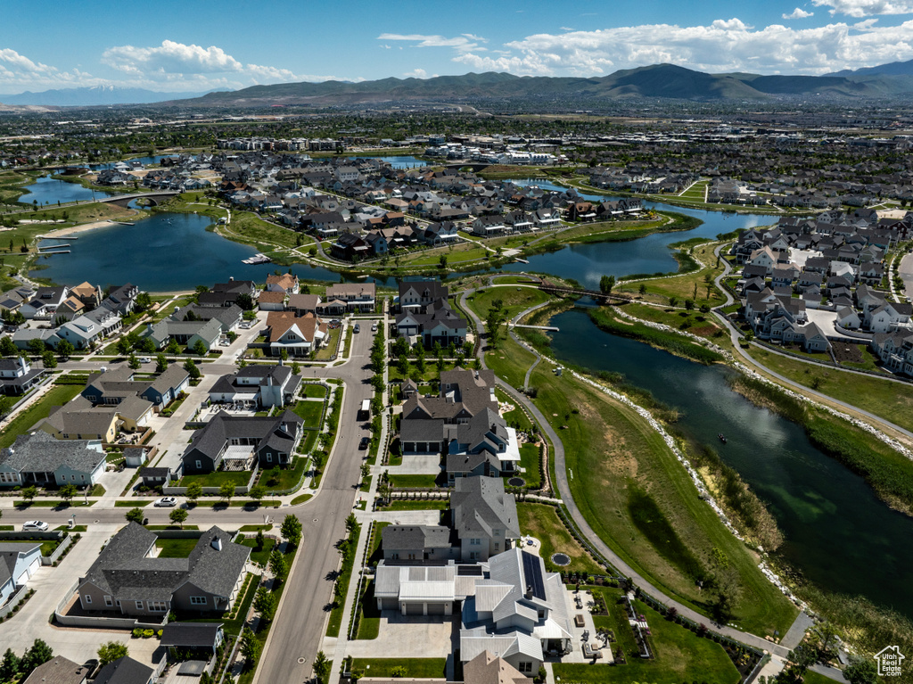 Aerial view with a water and mountain view