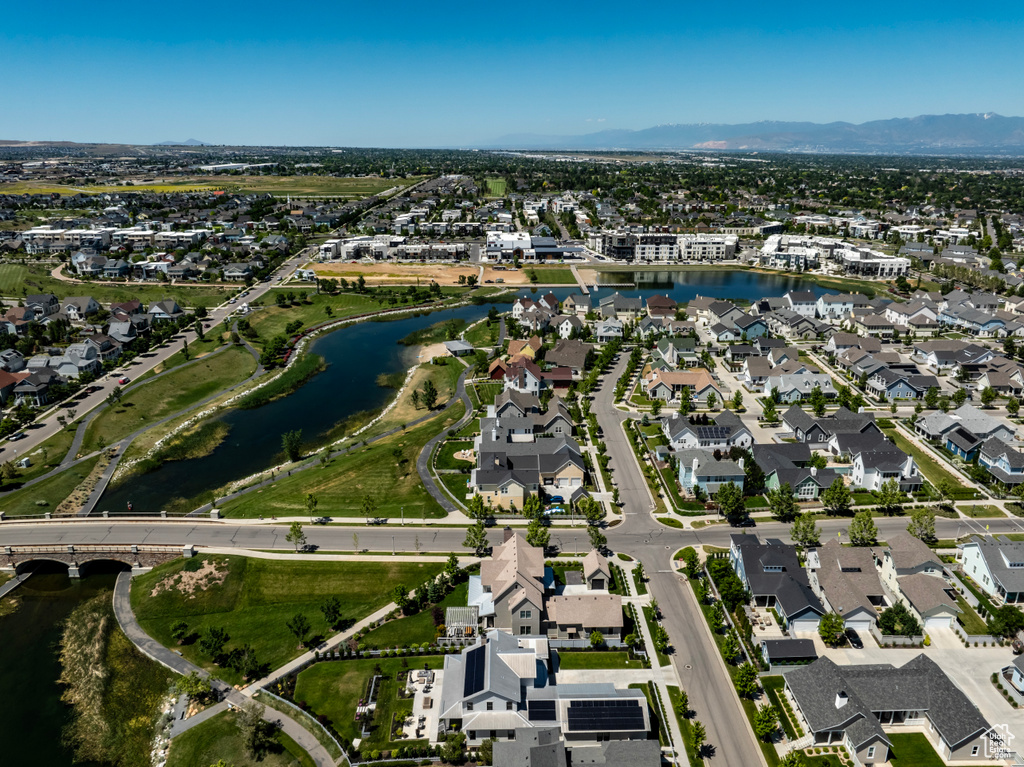 Aerial view featuring a water and mountain view