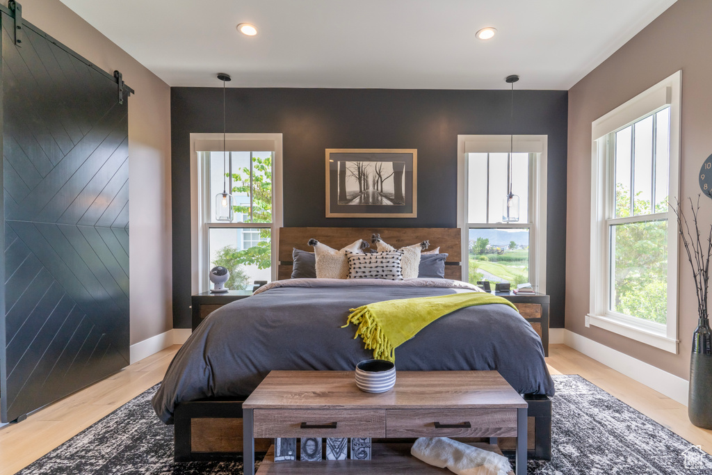 Bedroom featuring a barn door