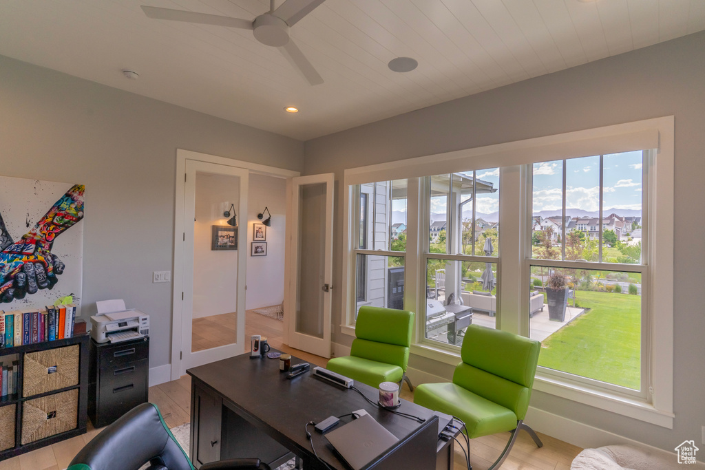 Office space featuring plenty of natural light and light hardwood / wood-style floors