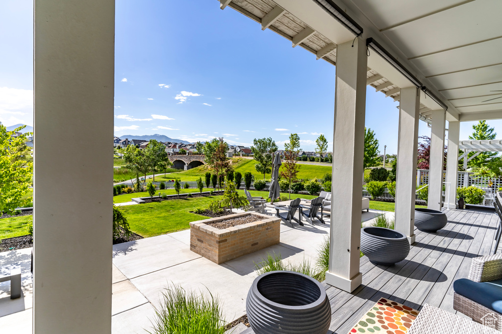 View of patio / terrace with a mountain view