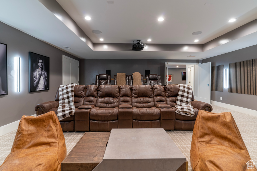 Cinema room featuring a tray ceiling