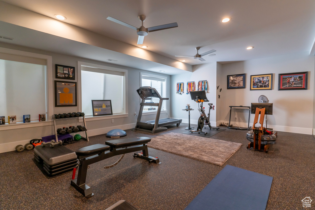 Exercise area with ceiling fan