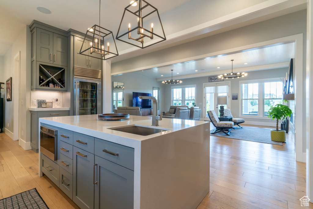 Kitchen featuring an island with sink, sink, pendant lighting, and light wood-type flooring