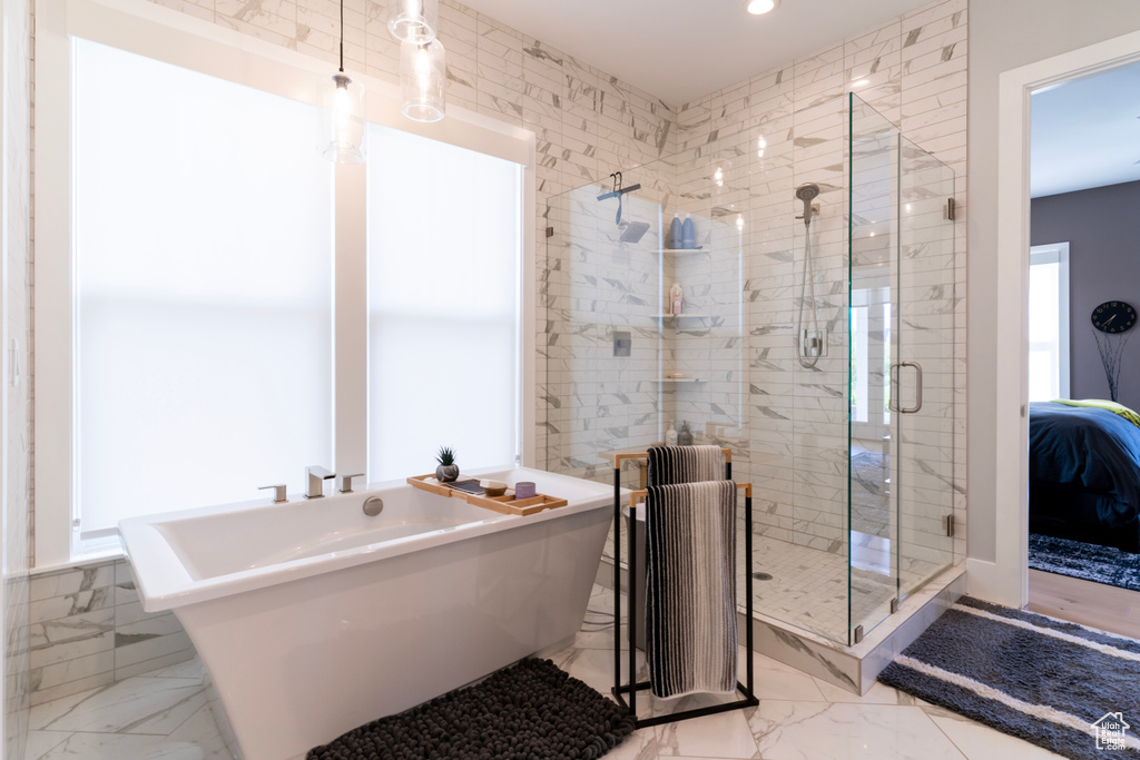 Bathroom with independent shower and bath and radiator heating unit
