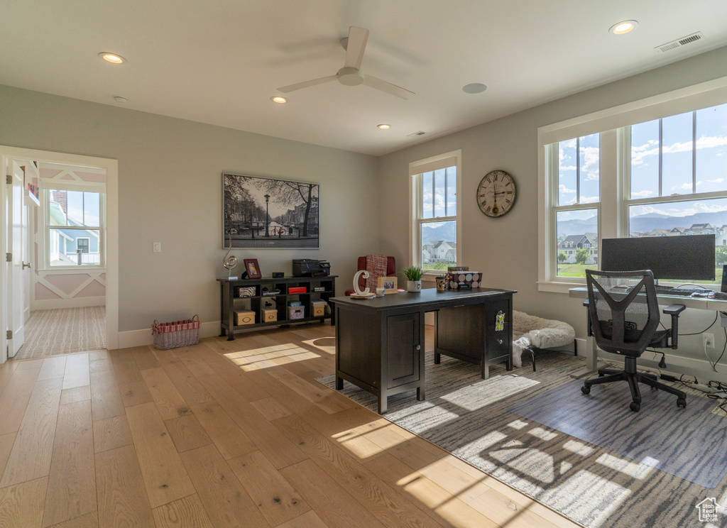 Office featuring ceiling fan and light wood-type flooring