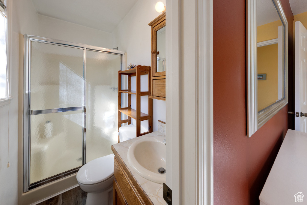 Bathroom with vanity, a stall shower, toilet, and wood finished floors