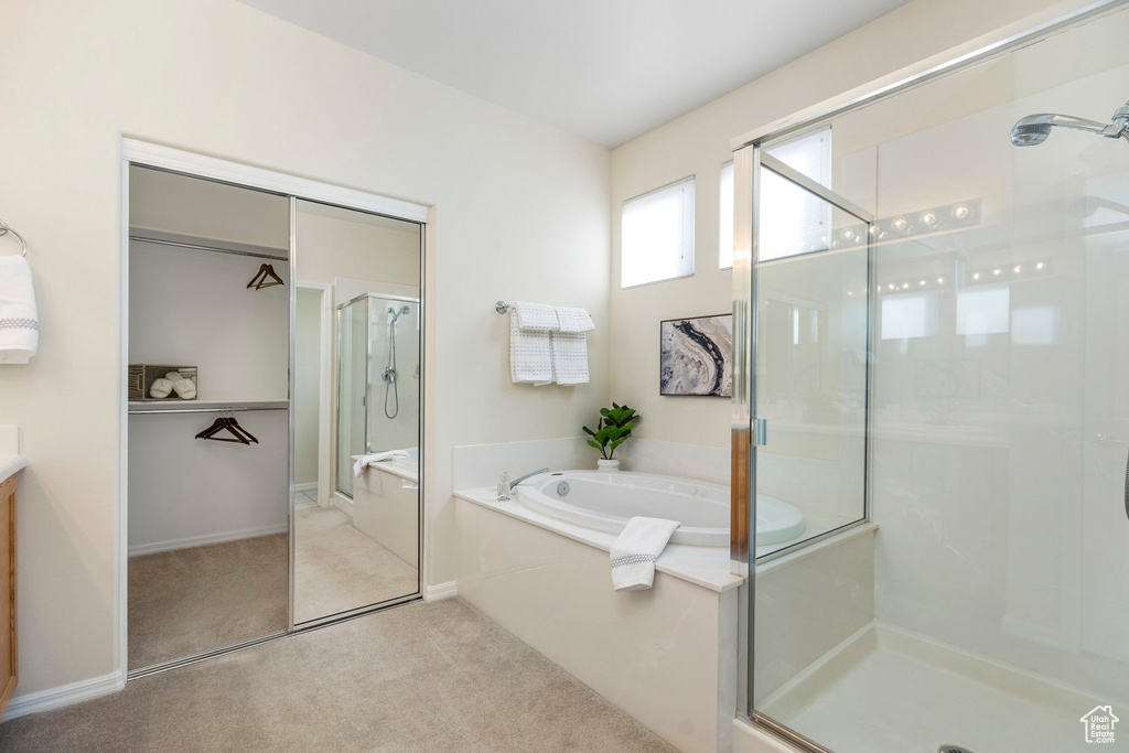 Bathroom with a shower stall, a garden tub, and vanity