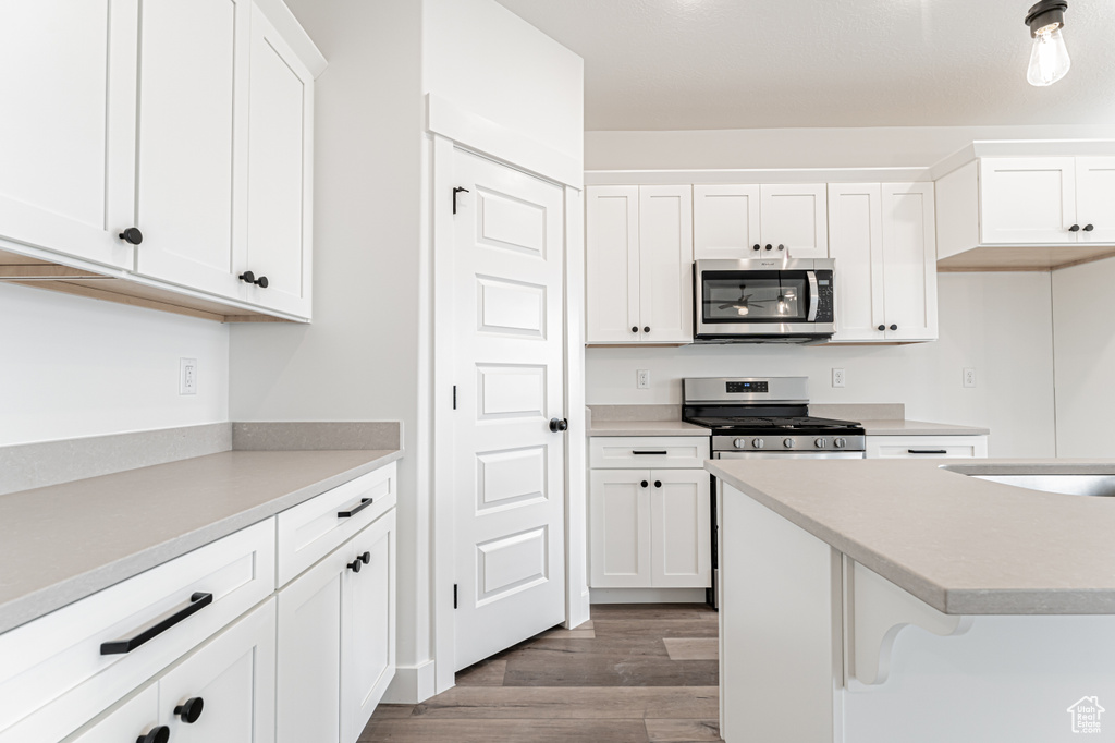 Kitchen with stainless steel appliances, dark wood finished floors, white cabinetry, and light countertops