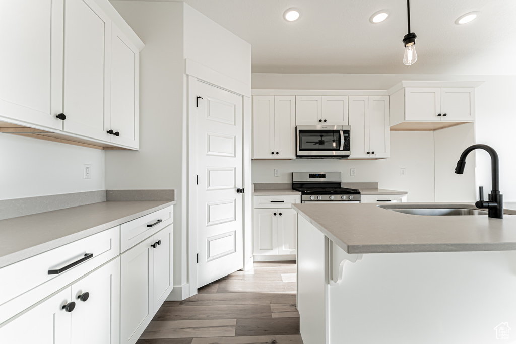 Kitchen featuring stainless steel appliances, a sink, wood finished floors, recessed lighting, and white cabinetry