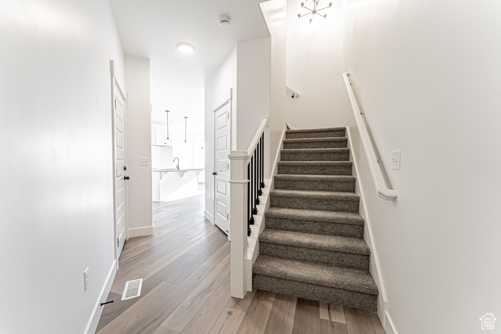 Staircase featuring wood finished floors and baseboards
