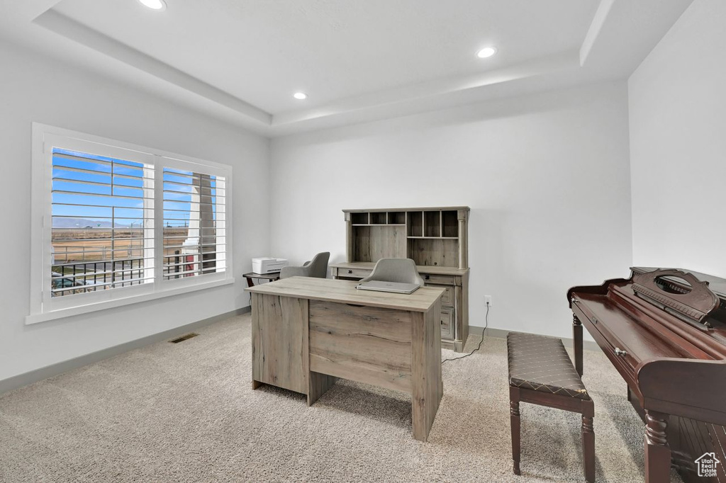 Carpeted office space featuring a tray ceiling