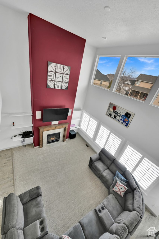 Carpeted living room featuring a tiled fireplace and a textured ceiling