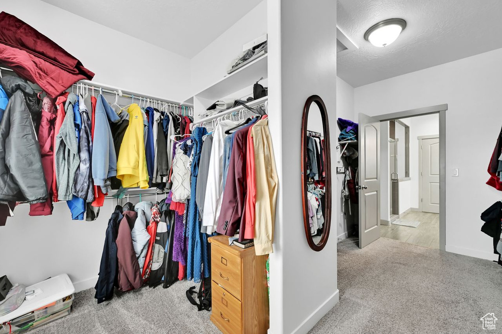 Walk in closet featuring light colored carpet