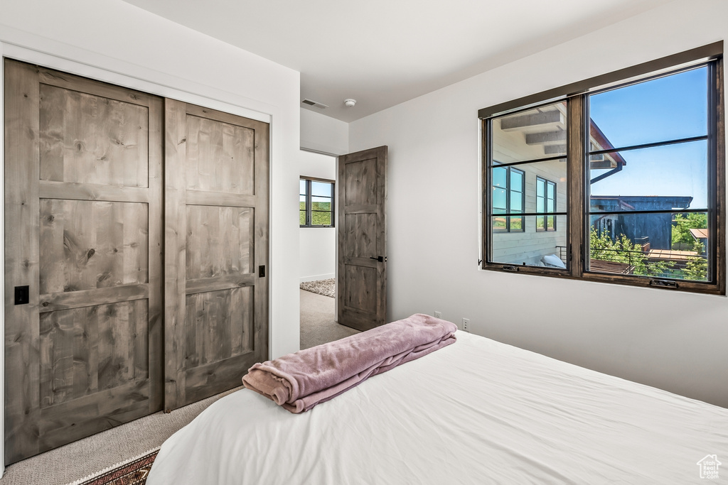 Carpeted bedroom with a closet and visible vents