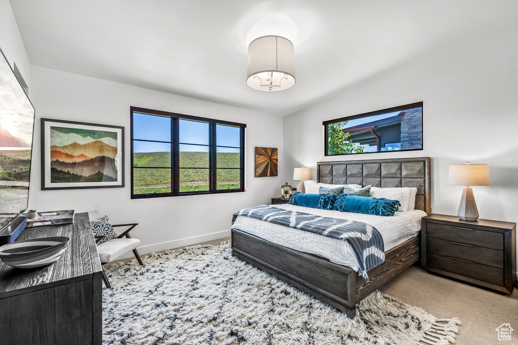 Bedroom with carpet flooring and baseboards