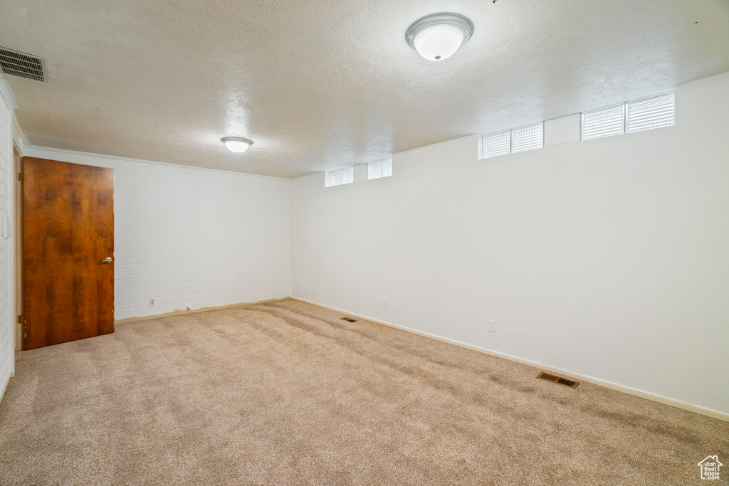 Basement with a textured ceiling and carpet flooring