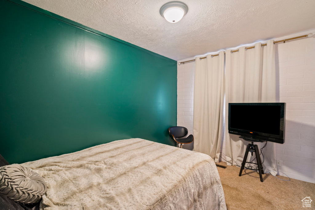 Carpeted bedroom featuring a textured ceiling