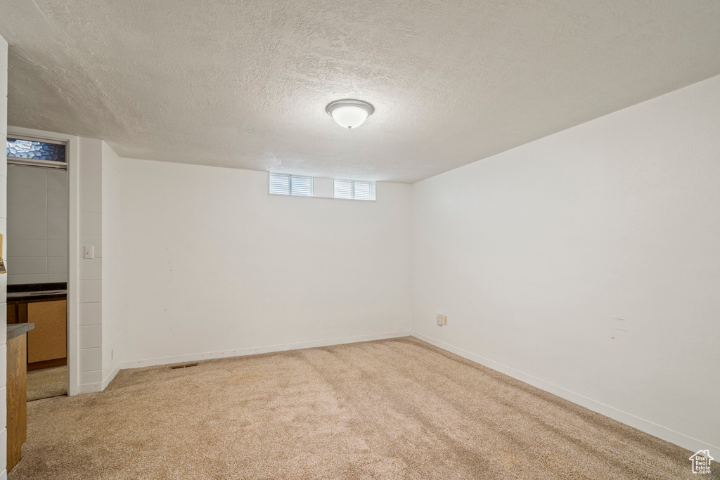 Basement featuring carpet flooring and a textured ceiling