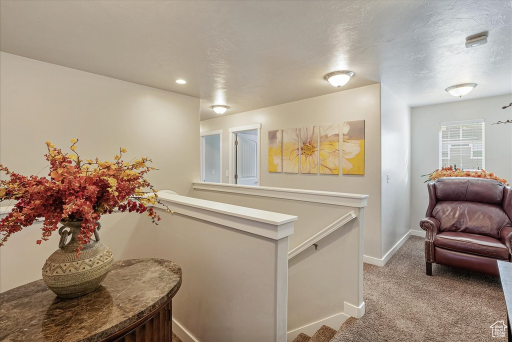 Hall featuring light carpet and a textured ceiling