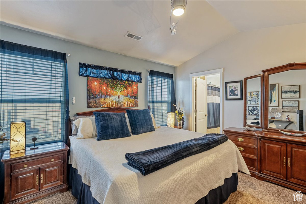 Carpeted bedroom with lofted ceiling, connected bathroom, and ceiling fan