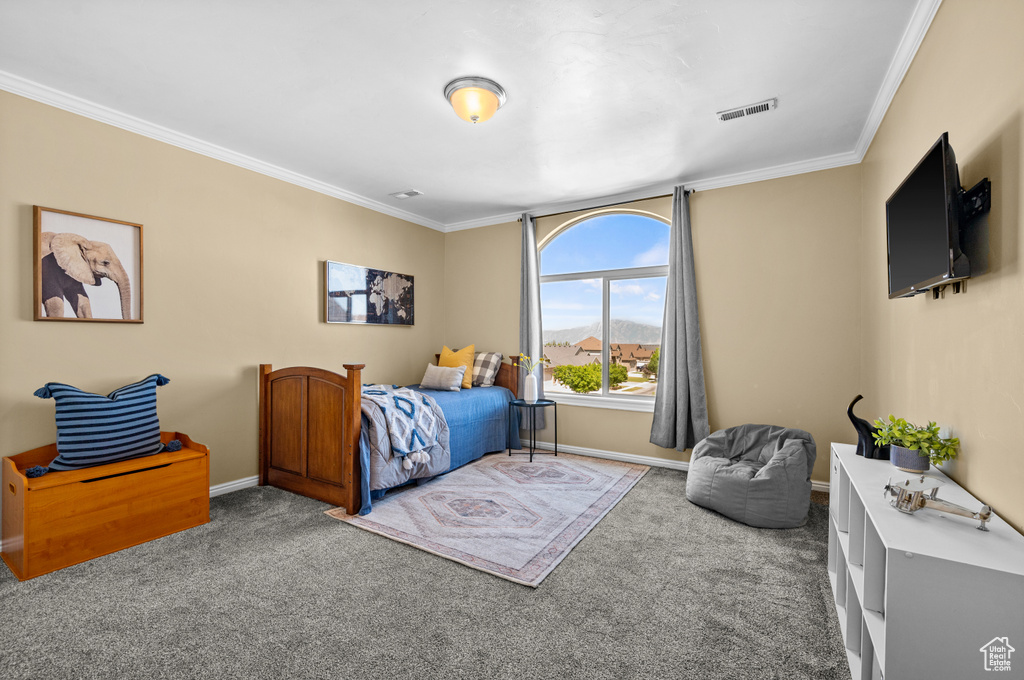 Carpeted bedroom featuring crown molding