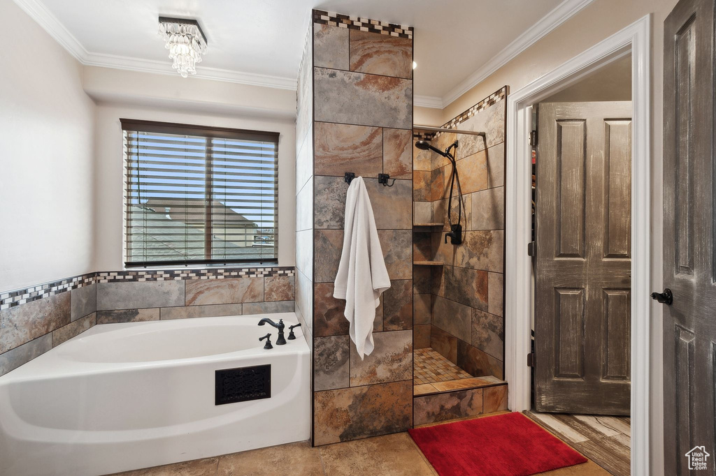 Bathroom with ornamental molding and plus walk in shower