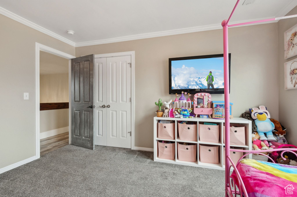 Carpeted bedroom featuring ornamental molding and a closet