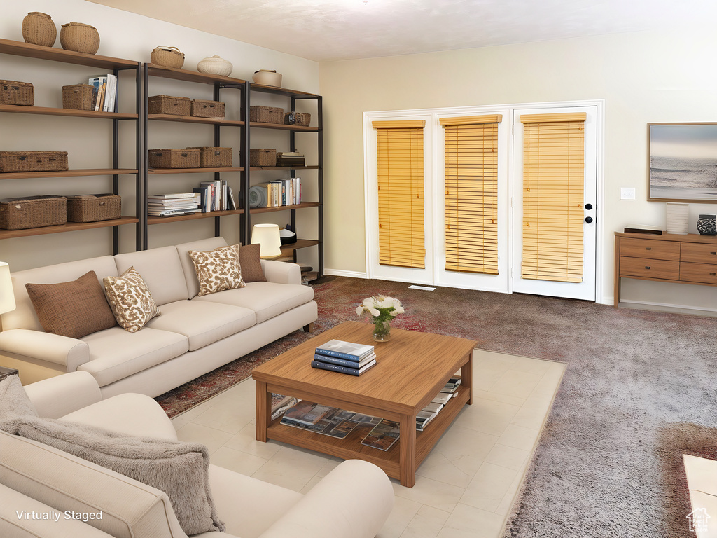 Living room with light colored carpet