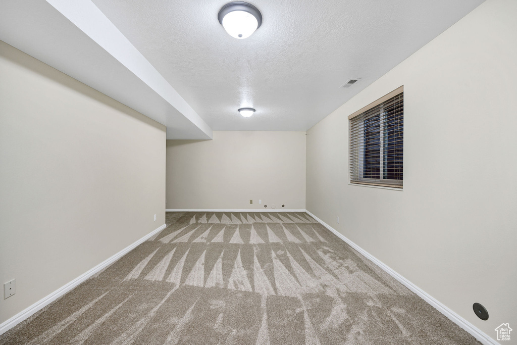 Basement with light colored carpet and a textured ceiling