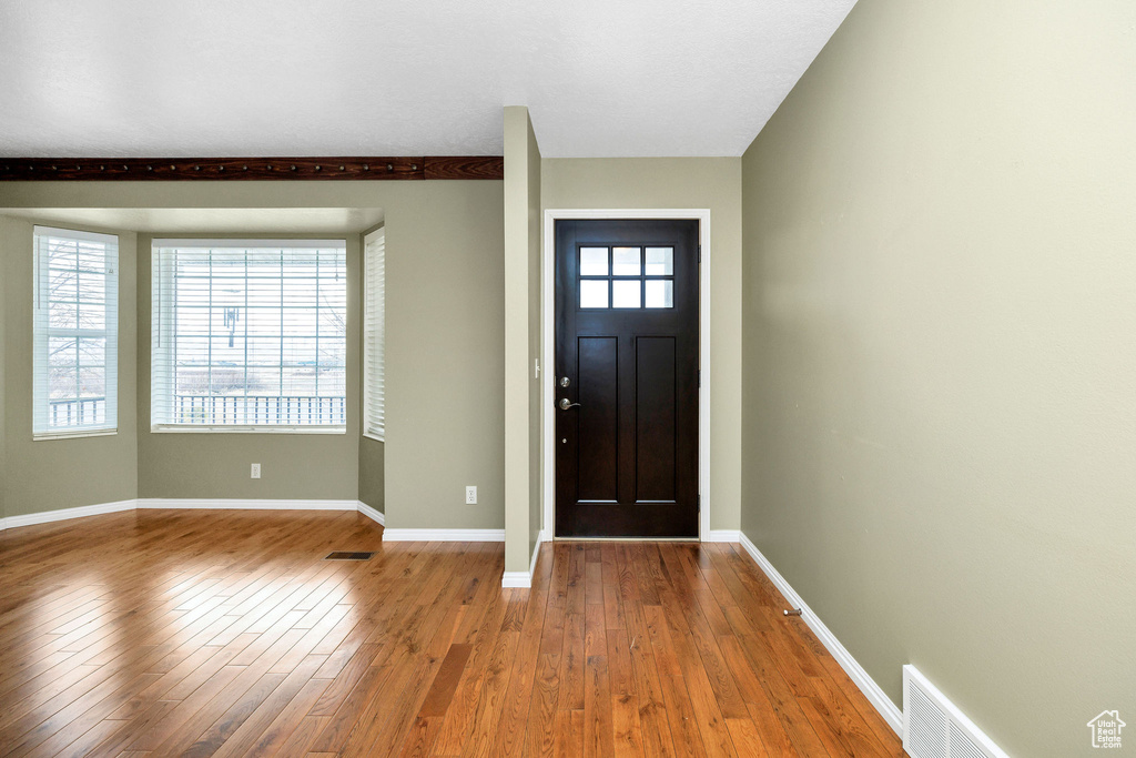 Foyer entrance with hardwood / wood-style flooring