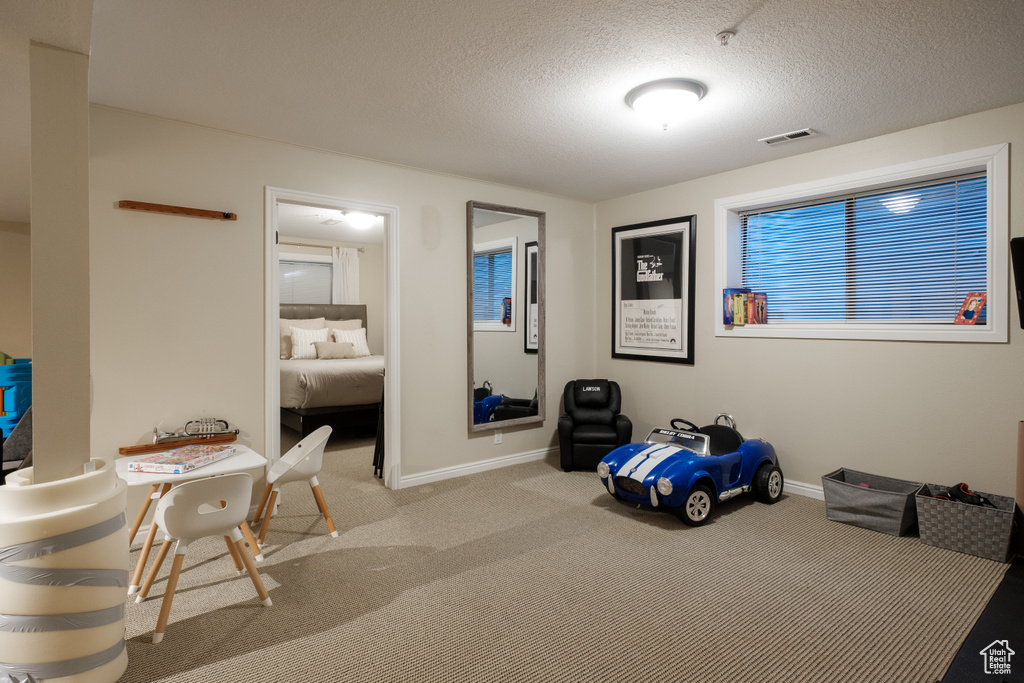 Interior space with a textured ceiling and carpet
