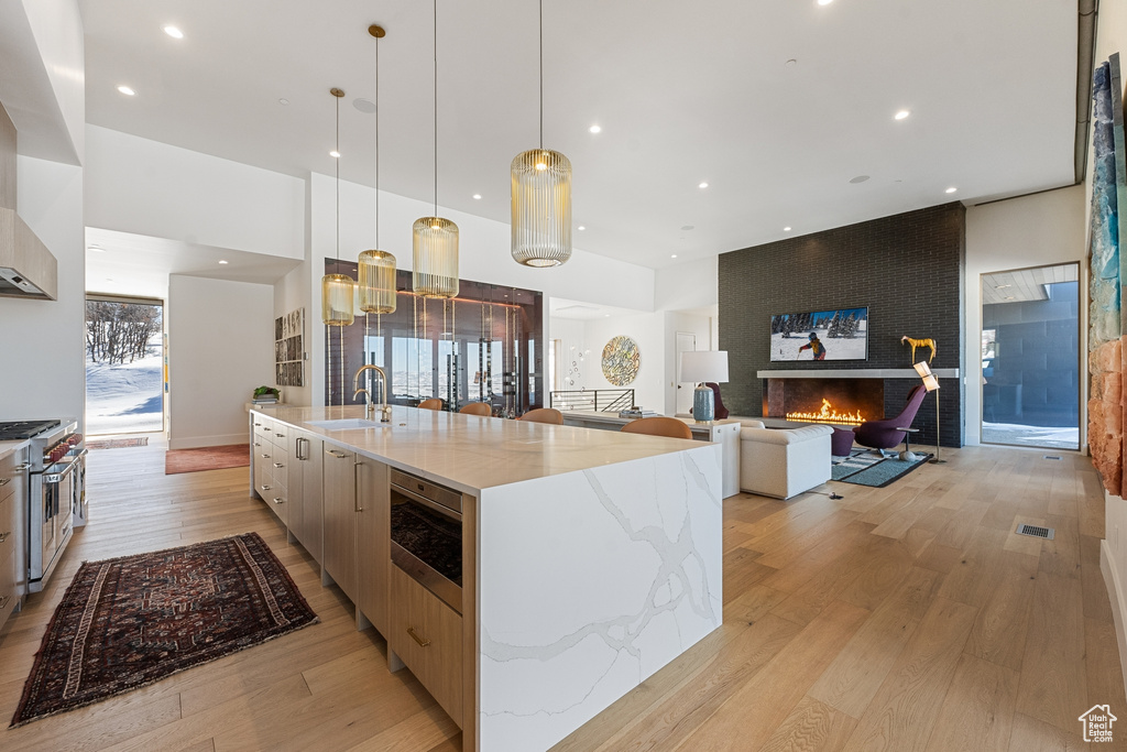 Kitchen with appliances with stainless steel finishes, decorative light fixtures, a large island with sink, light stone countertops, and light hardwood / wood-style flooring