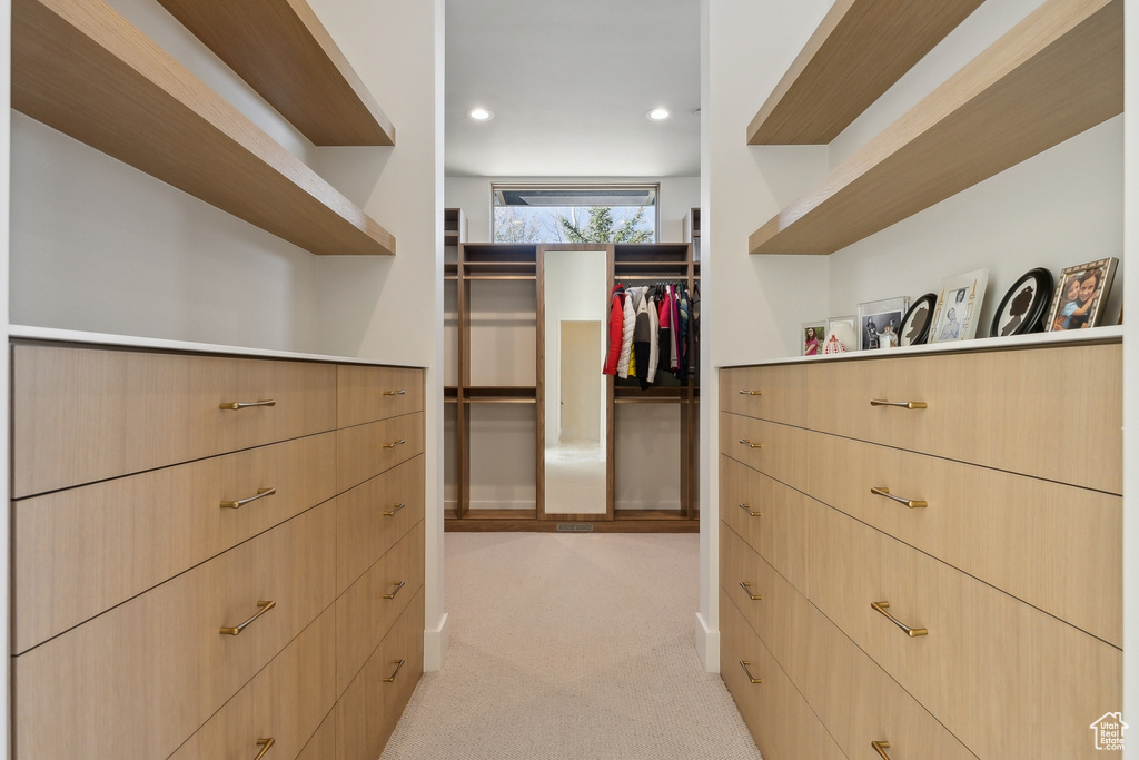 Spacious closet featuring light colored carpet